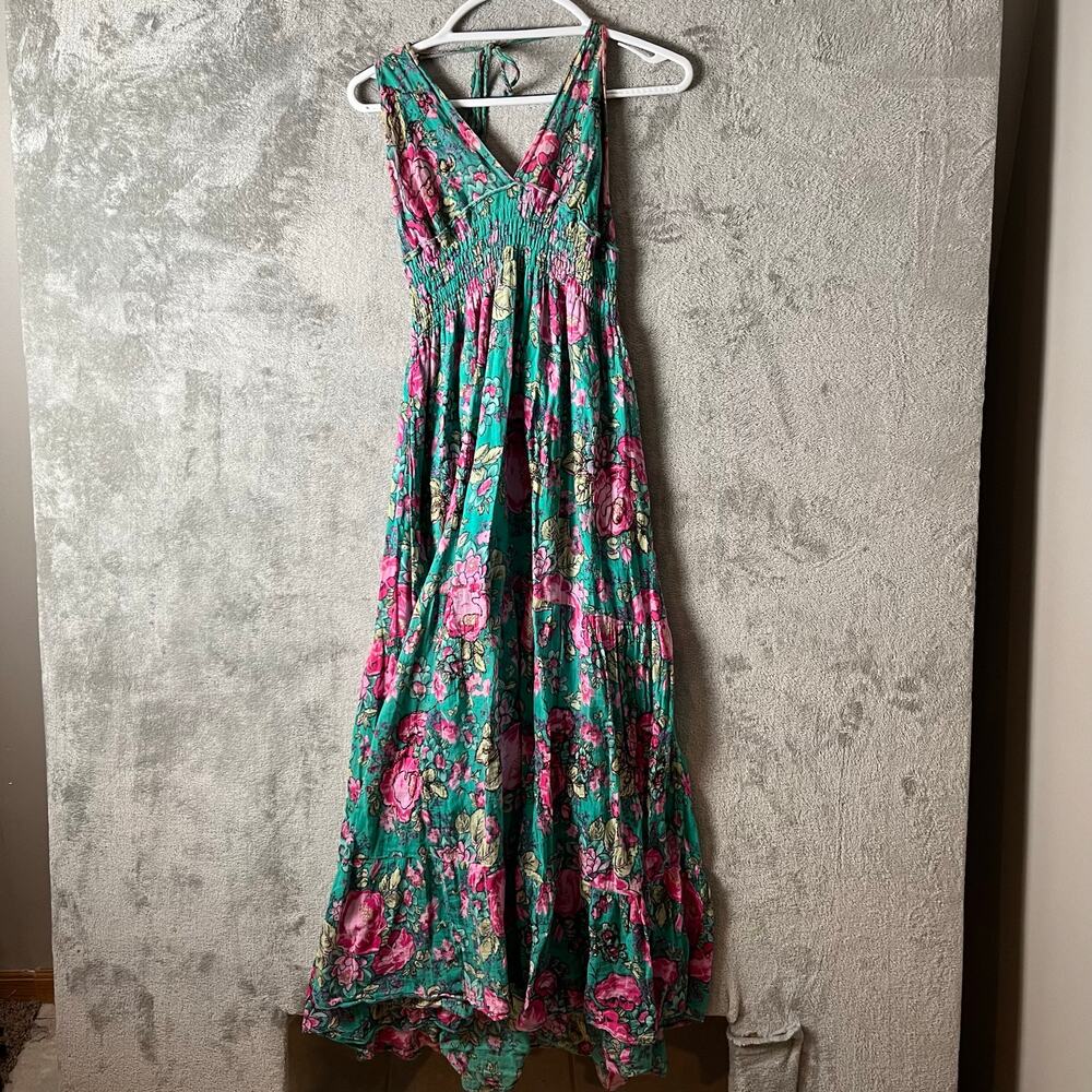 Vintage Y2K Boho Floral Fairy Maxi Dress Green Pink Summer Crinkle Flowy‎ Small